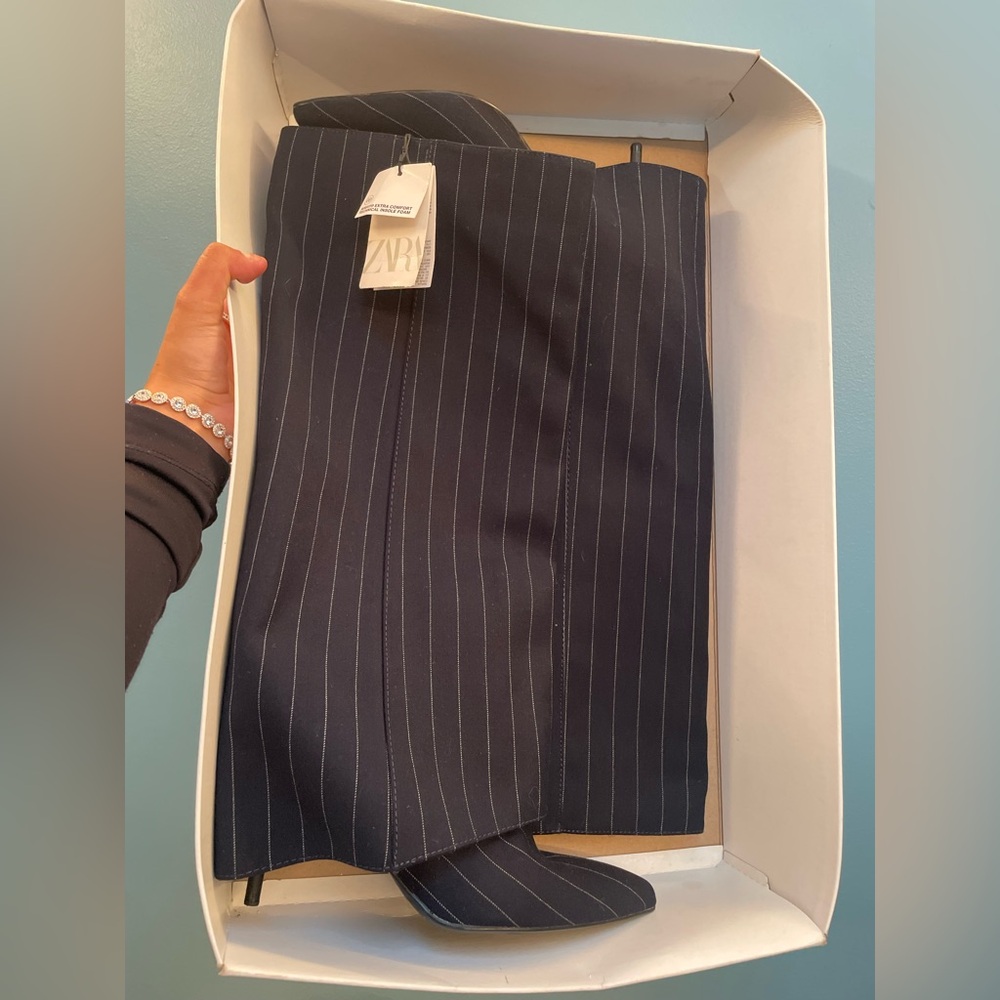 Zara Dark Blue Striped Knee High Boots